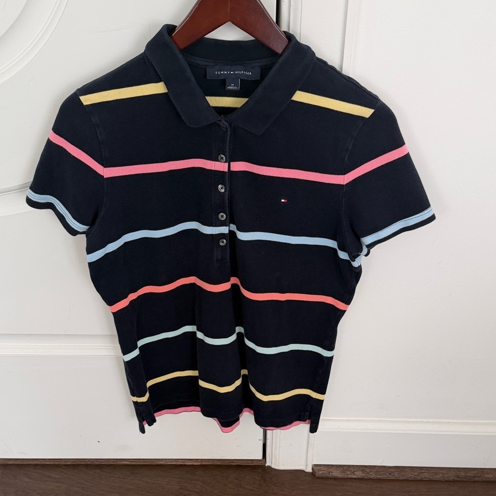 Tommy Hilfiger Navy Polo with Yellow, Pink & Light Blue Stripes